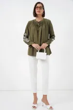 Chemisier brodé en maille pour femme 941 - Kaki