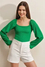 0465 Balloon Sleeve Knitted Blouse - Green