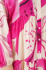 Kadın Desenli Uzun Tesettür Elbise 2585 - Fuşya