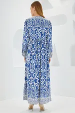 Kadın İndigo Ekru Desenli Uzun Viskon Elbise 1947