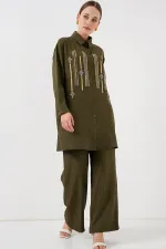 Patterned Tunic Trousers Two Piece Set 6720 - Khaki