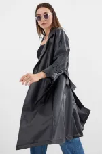 1034 Belted Faux Leather Trench Coat - Black