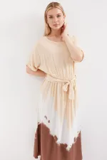 2504 Desenli Kısa Kol Viskon Elbise - Krem