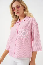 Kadın Tek Cep Nakışlı Gömlek 20328 - Pembe