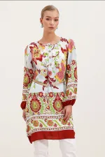 5902 Kemerli Desenli Elbise - Bordo