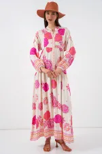 Kadın Desenli Uzun Tesettür Elbise 2585 - L. Fuşya