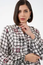 Kadın Desenli Uzun Tesettür Elbise 2585 - A.Gri