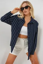 Kadın Çizgili Oversize Gömlek 20293 - Lacivert