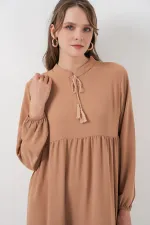 T1627 Yaka Bağcıklı Elbise - D.Vizon