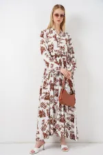 Women's Patterned Long Hijab Dress 2585 - Tan