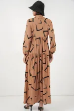 Kadın Desenli Uzun Tesettür Elbise 2585 - A. Vizon