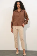 Kadın Oversize Desenli Gömlek 20379 - Taba Kadın Oversize Desenli Gömlek 20379 - Taba