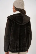 5091 Kapşonlu Kürklü İçi Astarlı Mont - Kahverengi