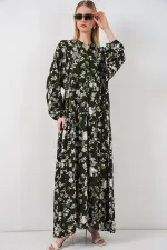 Kadın Desenli Uzun Tesettür Elbise 2585 - Koyu Haki