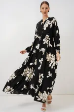 Kadın Desenli Uzun Tesettür Elbise 2585 - Düz Siyah