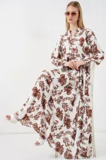 Women's Patterned Long Hijab Dress 2585 - Tan