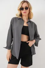 Kadın Gri Düz Oversize Uzun Basic Gömlek 3900
