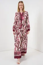 Kadın Desenli Uzun Tesettür Elbise 2585 - H. Bordo