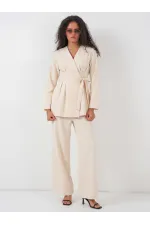 Kadın Kimono Pantolon Kumaş Takım 30054 - Bej