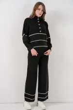Kadın Çizgili Oversize Triko İkili Takım 15957 - Siyah