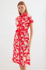 2455 Patterned Shirt Dress - Red