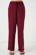 Women's Wide Leg Linen Trousers 6735 - Burgundy