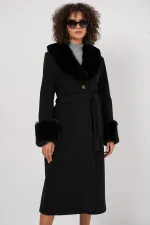 9149 Fur Detail Long Coat - Black