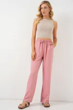 Kadın Geniş Paça Keten Pantolon 6735 - Pudra