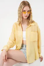 Kadın Tek Cepli Çizgili Oversize Gömlek 20375 - Sarı Kadın Tek Cepli Çizgili Oversize Gömlek 20375 - Sarı