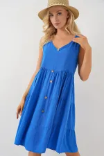 Women's Sleeveless Buttoned Short Dress 2571 - Navy Blue