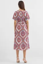 2389 Kemerli Keten Elbise - Nar