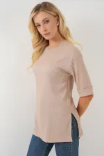 4332 Yanı Yırtmaçlı Örme Tişört - Bisküvi