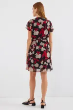 Robe courte en mousseline à motifs, manches courtes, couleur bordeaux (réf. 2502)