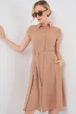 1677 Buttoned Belted Dress - Biscuit