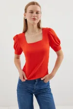 0409 Square Neck Knitted Blouse - Oranje