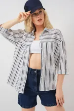 Chemise rayée à manches courtes pour femme 20344 - Bleu marine clair