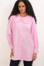Women's Wide Collar Ruffle Detail Striped Tunic Shirt 5993 - Pink