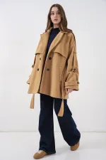 Kadın Kuşaklı Oversize Kaşe Kaban 9157 - Hardal