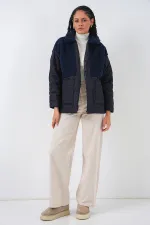 5182 Peluş Detaylı Oversize Şişme Mont - Lacivert