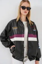 0698 Printed Faux Leather Bomber Jacket - Black - Purple