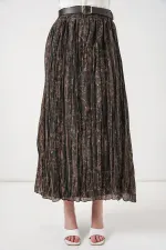 Kadın Kemerli Desenli Etek 8074 - Füme
