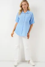 Women's Short Sleeve Linen Look Shirt 20336 - Blue