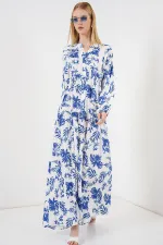 Kadın Desenli Uzun Tesettür Elbise 2585 - F. Saks