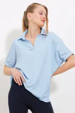 Chemisier en maille bleu oversize à col polo pour femme 0486