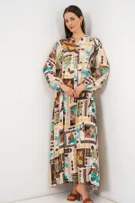 Robe longue hijab à motifs pour femme 2585 - Marron clair