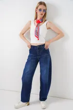 6689 Kadın Yüksek Bel Baggy Kot Pantolon - Lacivert