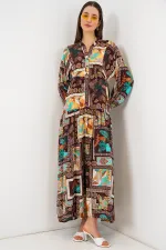 Kadın Desenli Uzun Tesettür Elbise 2585 - D.Kahve