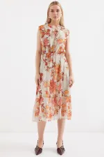 2503 Patterned Zero Sleeve Chiffon Dress - Brick