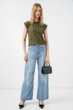 Women's Textured Sleeveless Knitted Stretch Blouse 991 - Khaki