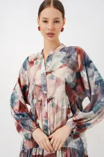 Kadın Desenli Uzun Tesettür Elbise 2585 - A. Kiremit